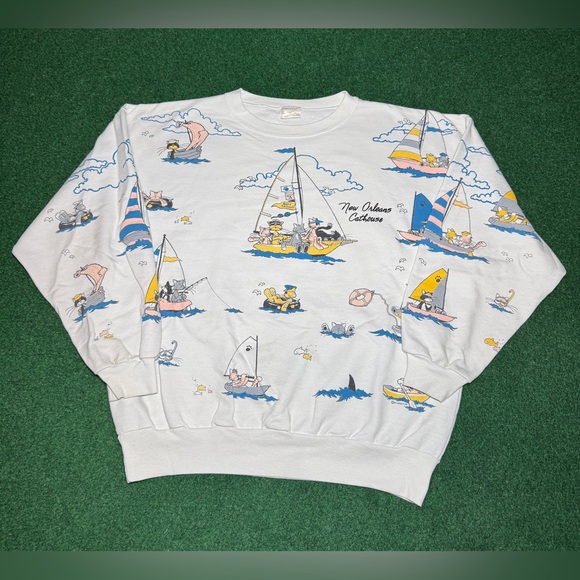 Vintage 80s New Orleans Cathouse Retro Cat Cartoon M/L Womens Sweatshirt - Picture 1 of 11